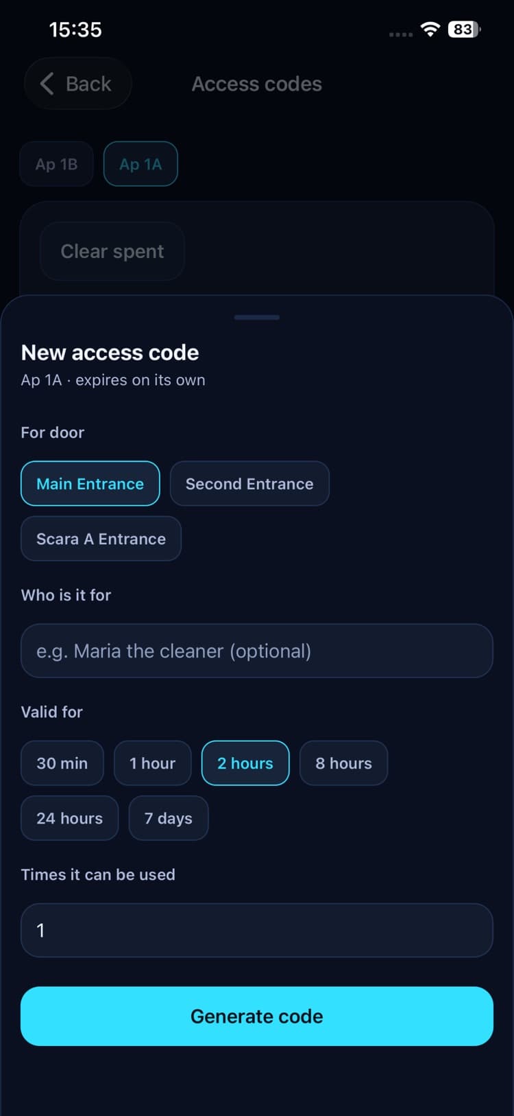 Creating an access code in the app: door, guest name, how long it is valid, and how many times it can be used