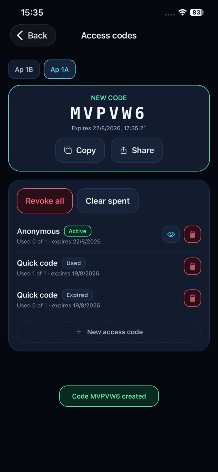 A guest access code ready to share